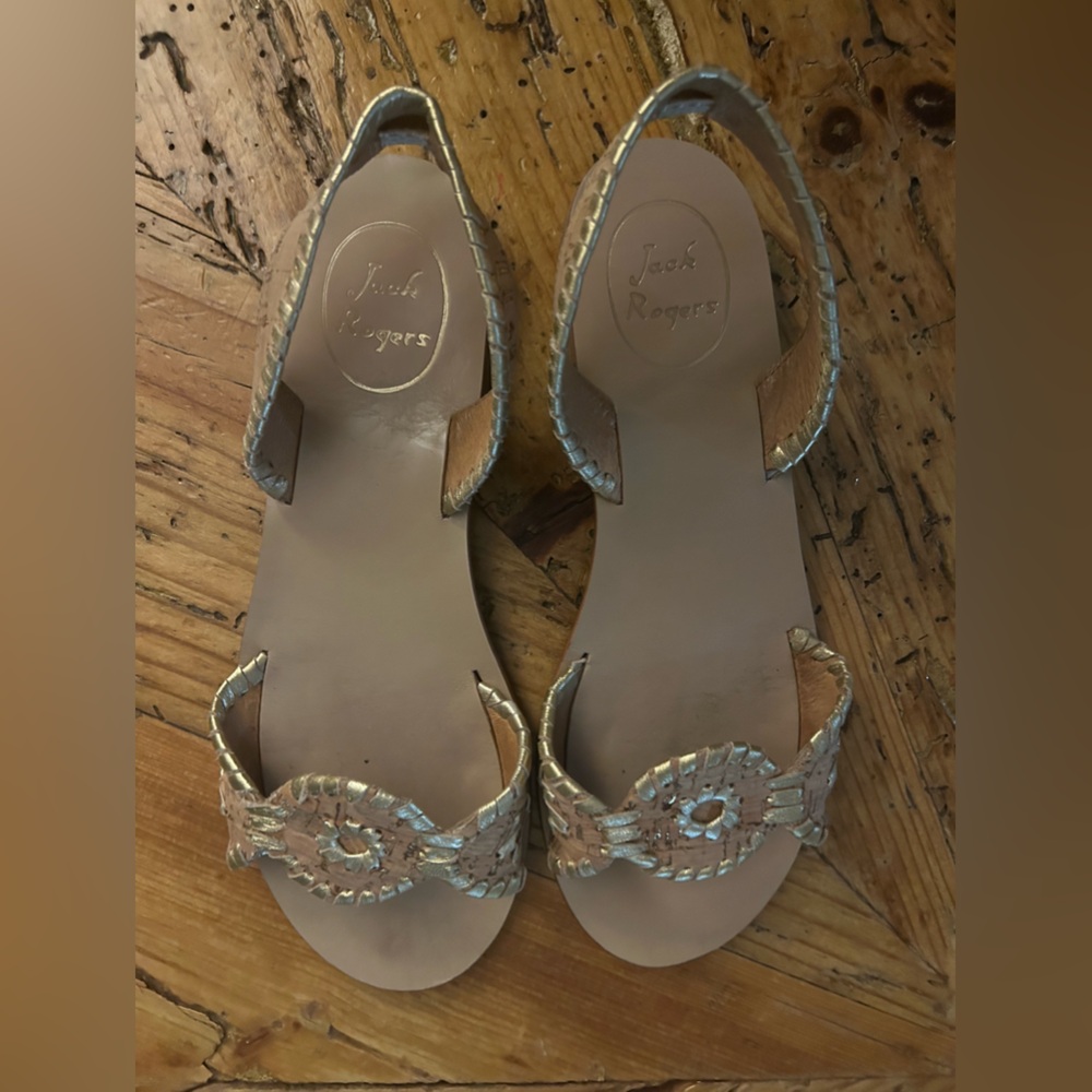 JACK ROGERS Gold Leather Whipstitch Liliana Slingback Cork Sandal Flats